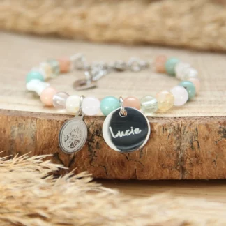 Bracelet communion enfant en pierres naturelles – bijou personnalisé avec quartz rose, citrine et amazonite. création Ma Peste Adorée