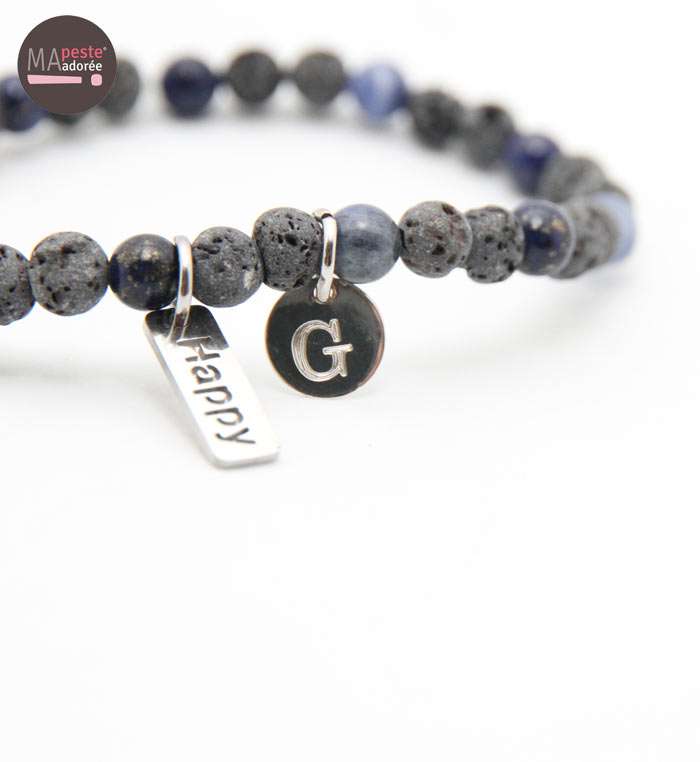 Bracelet homme argent 925 en pierre de lave, sodalite et lapis lazuli