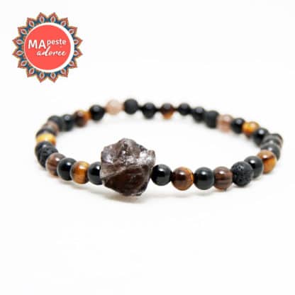 Bracelet homme avec quartz fumé, obsidienne, oeil de tigre