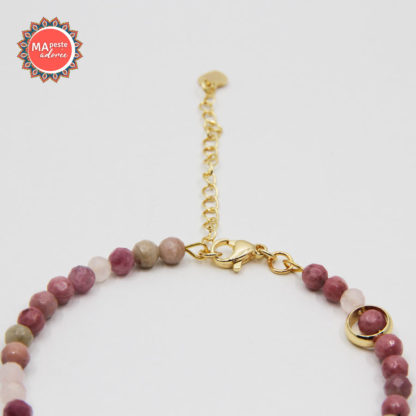 Bracelet femme avec perles naturelles quartz rose, pierre de soleil, tourmaline et rhodochrosite