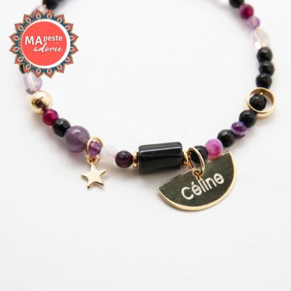 bracelet personnalisée de lithothérapie pour femme en noir et violet