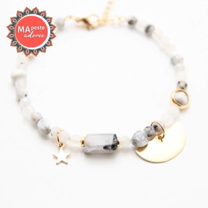 bracelet en pierres naturelles pour femme avec pierre de lune, howlite, quartz rutile et jaspe
