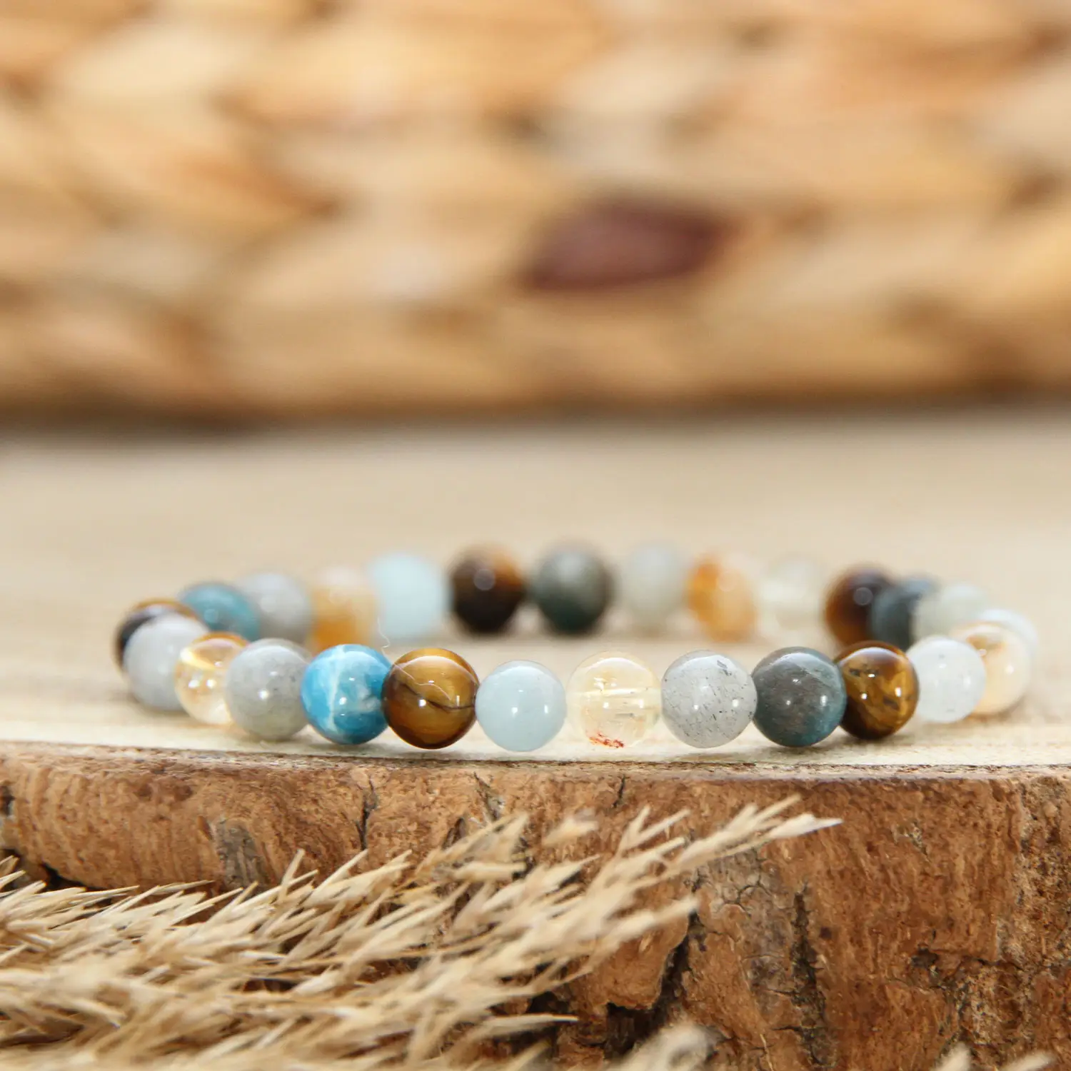 Bracelet enfant en pierres naturelles protectrices – labradorite, citrine, œil de tigre et apatite pour apaiser les émotions