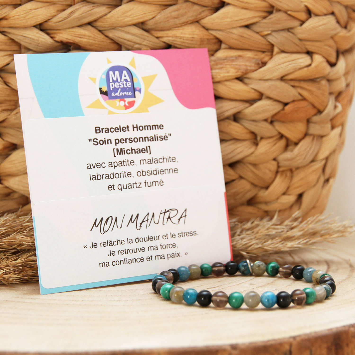 Bracelet lithothérapie homme sur mesure avec mantra personnalisé par Ma Peste Adorée