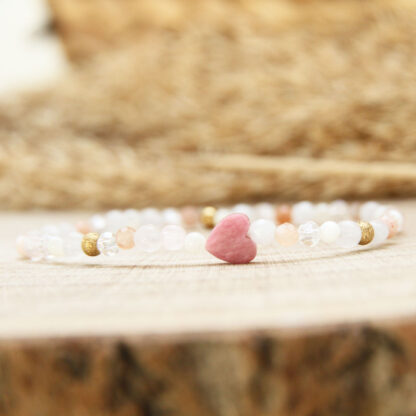 Bracelet guérison émotionnelle en pierres naturelles – quartz rose, sélénite, pierre de soleil, rhodonite