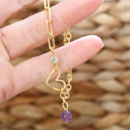 Bracelet de cheville doré femme – cœur en zircon, acier inoxydable 18K, pierre naturelle au choix.