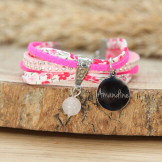 Bracelet enfant quartz rose Éclat de Tendresse — Liberty of London rose, création artisanale