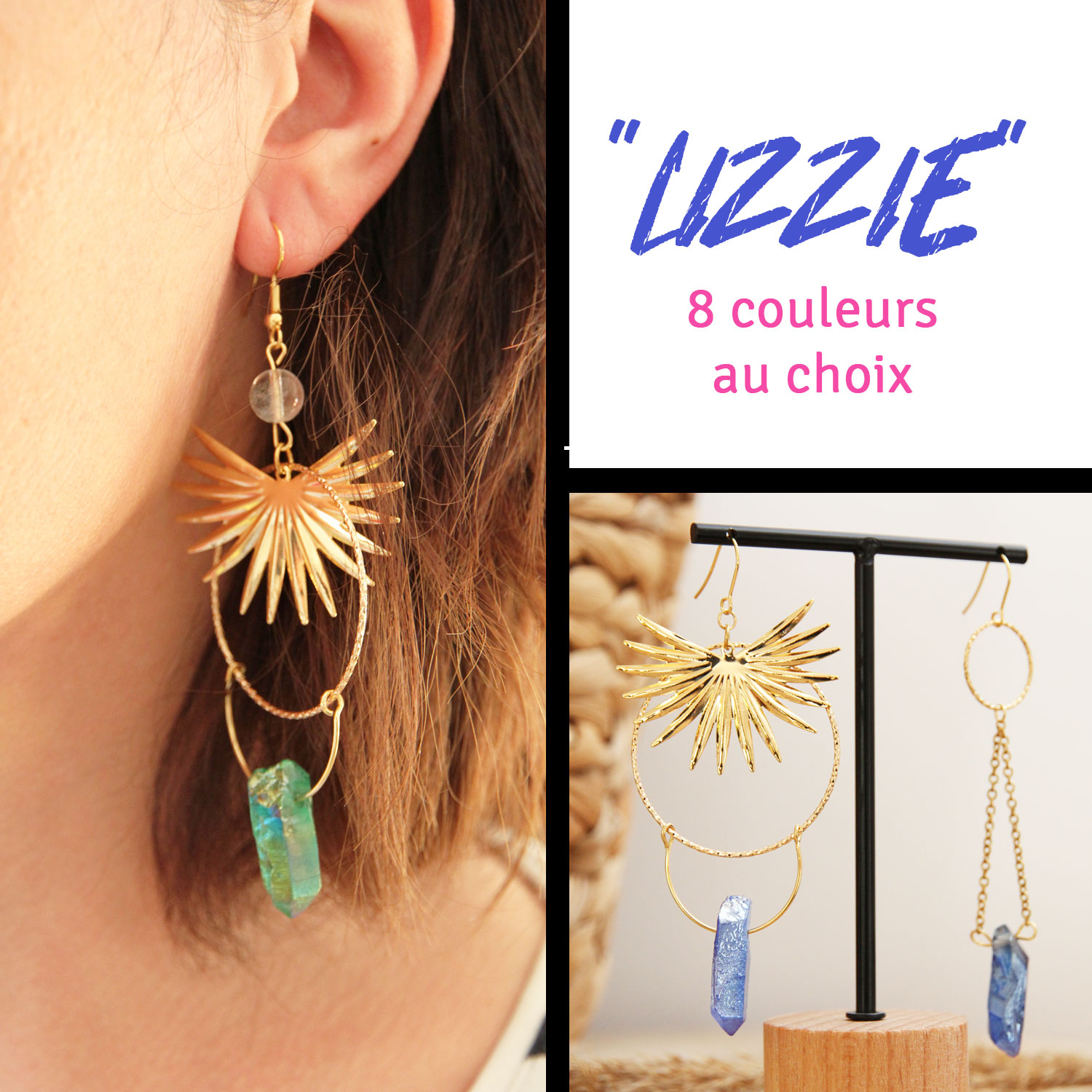 Boucles d'oreilles originales "Lizzie" xl et asymétriques avec quartz by Ma Peste Adorée