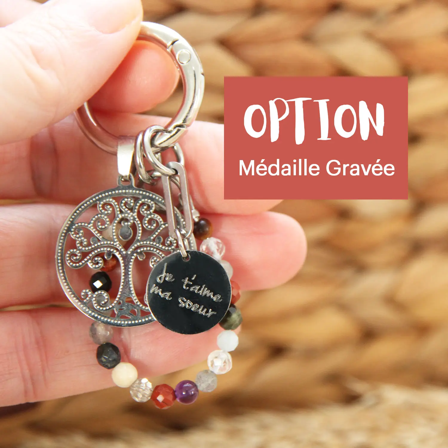 Idée cadeau personnalisé : grigri de sac / porte-clés Chemin de Vie – Arbre de Vie inox & 20 pierres naturelles (numérologie & lithothérapie)