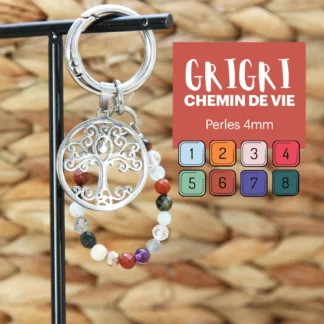 Grigri de sac “Chemin de Vie” – Arbre de Vie en acier inoxydable & 20 pierres naturelles personnalisées (numérologie + lithothérapie)