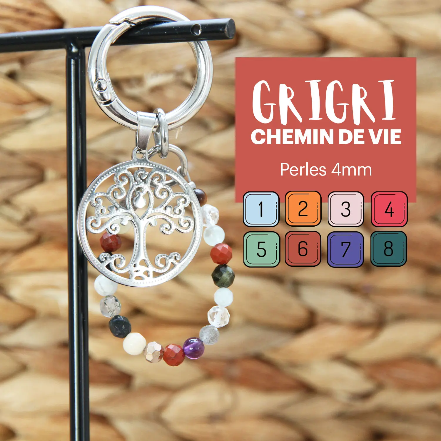 Grigri de sac “Chemin de Vie” – Arbre de Vie en acier inoxydable & 20 pierres naturelles personnalisées (numérologie + lithothérapie)