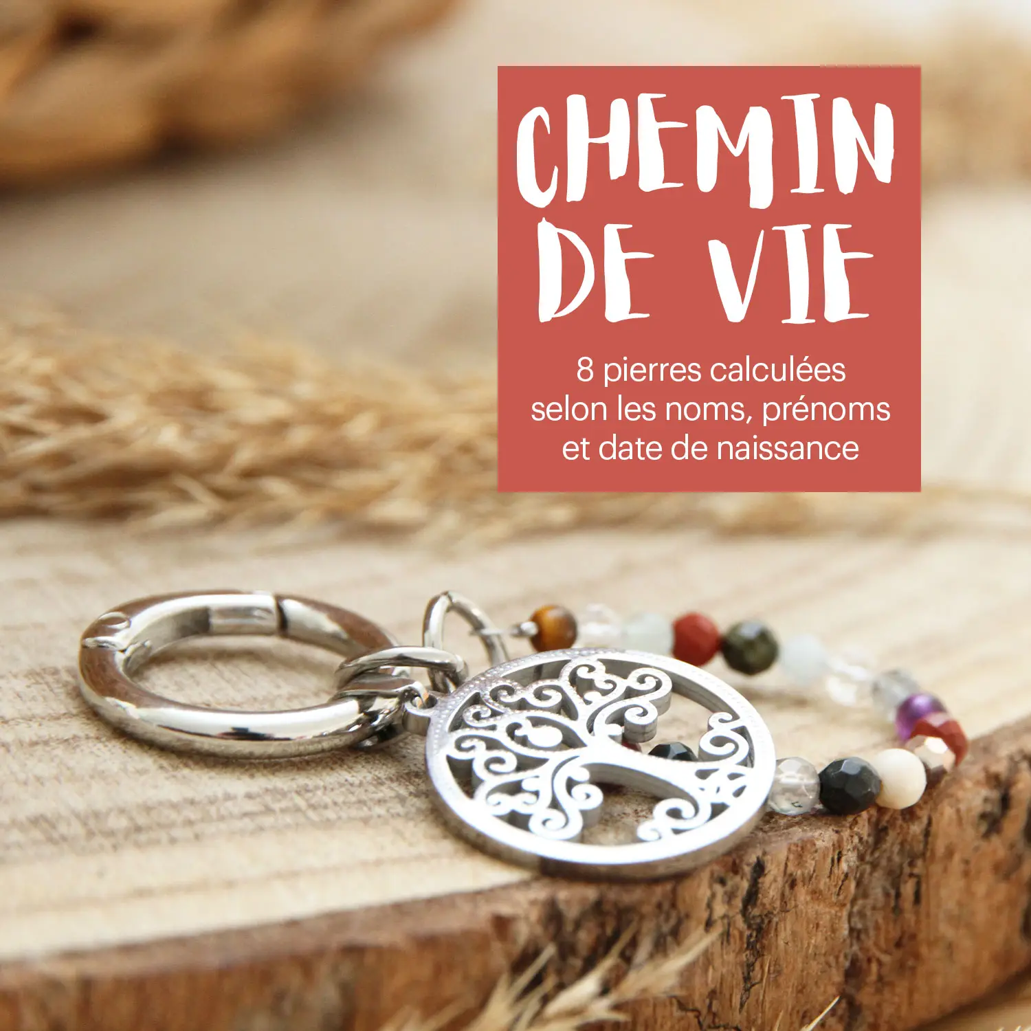 Porte-clés Chemin de Vie avec pendentif Arbre de Vie – bijou énergétique en pierres naturelles (20 perles) selon votre calcul numérologique