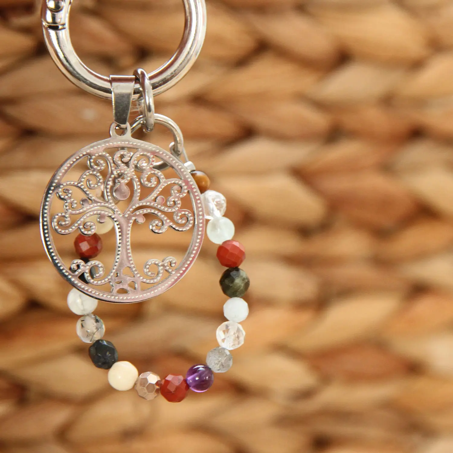 rigri de sac énergétique Chemin de Vie – composition de 20 pierres naturelles personnalisées + pendentif Arbre de Vie inox