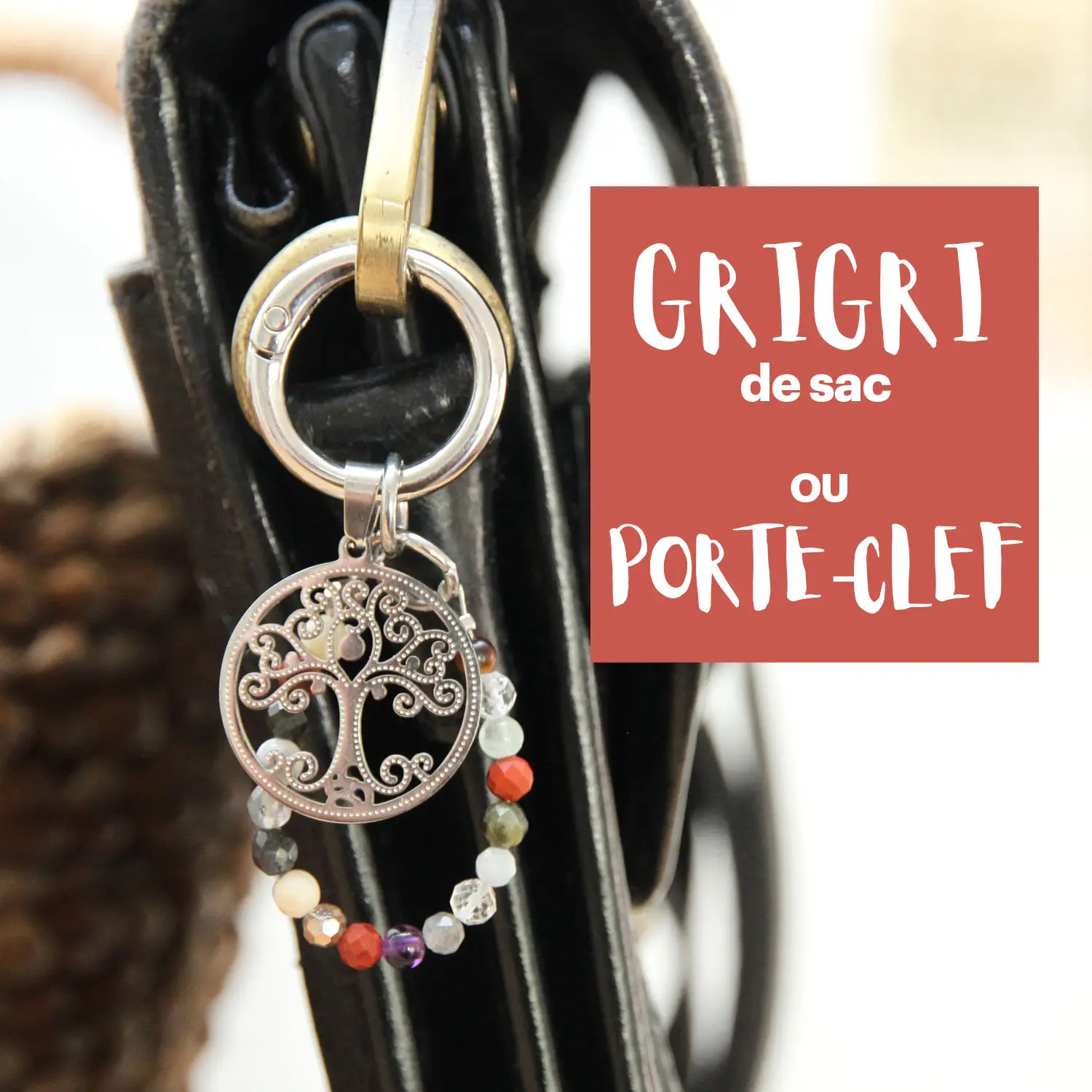 Porte-clefs spirituel “Chemin de Vie” – Arbre de Vie inoxydable & fil de 20 pierres naturelles (harmonisation, protection, ancrage)