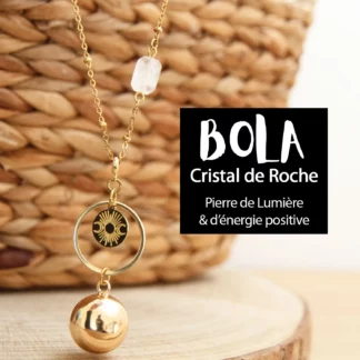 Bola de grossesse en cristal de roche rectangulaire, chaîne en acier inoxydable au choix perlée ou simple, pendentif fantaisie ou plaqué or, personnalisable avec médaille gravée ou breloque. Une création sur mesure Ma Pest Adorée