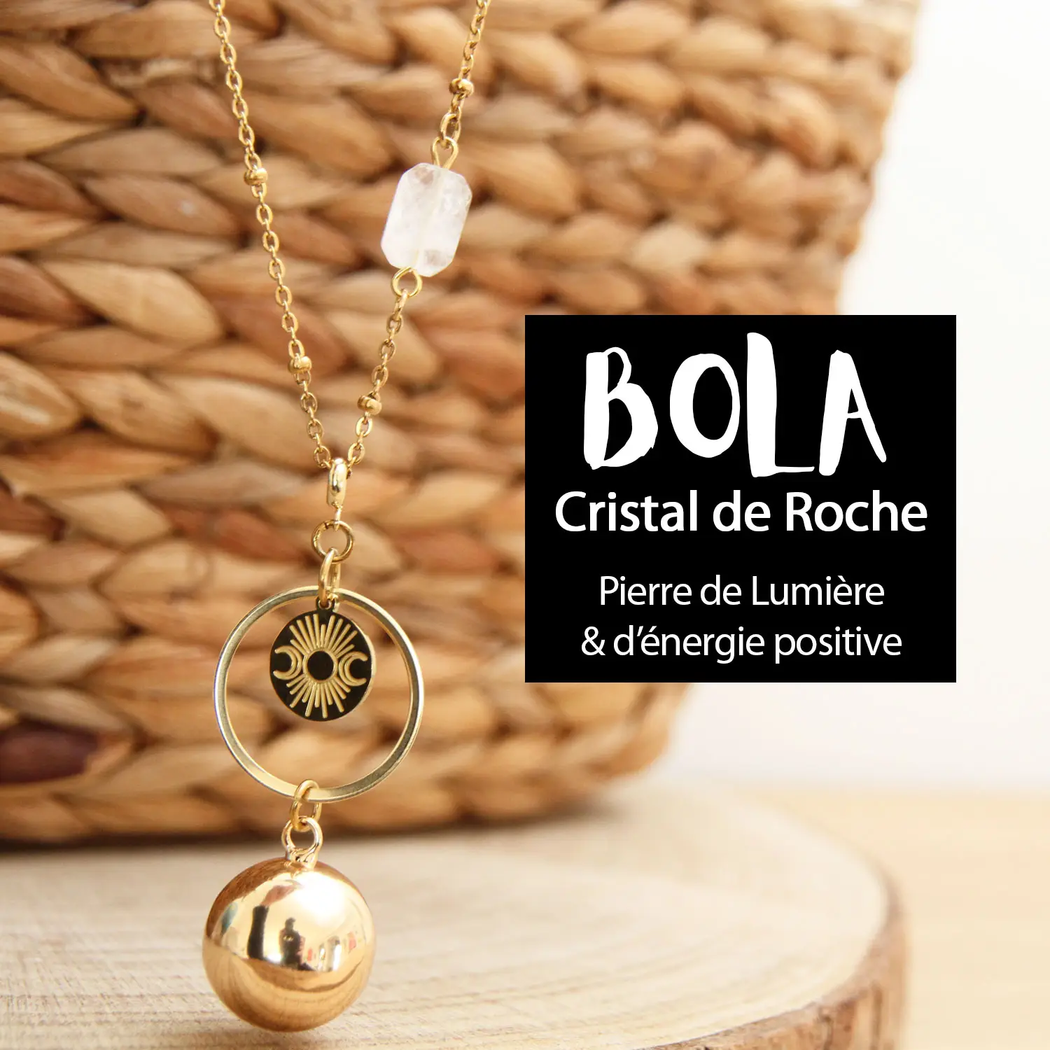 Bola de grossesse en cristal de roche rectangulaire, chaîne en acier inoxydable au choix perlée ou simple, pendentif fantaisie ou plaqué or, personnalisable avec médaille gravée ou breloque. Une création sur mesure Ma Pest Adorée