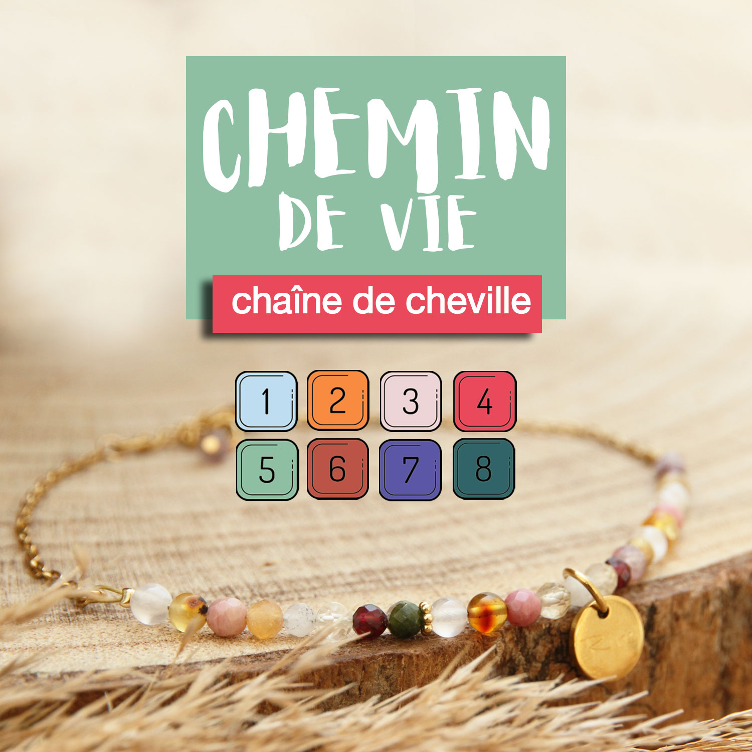 Chaîne de cheville chemin de vie avec 8 pierres personnalisées en acier inoxydable argenté ou doré – bijou de lithothérapie unique. Création sur mesure Ma Peste Adorée.