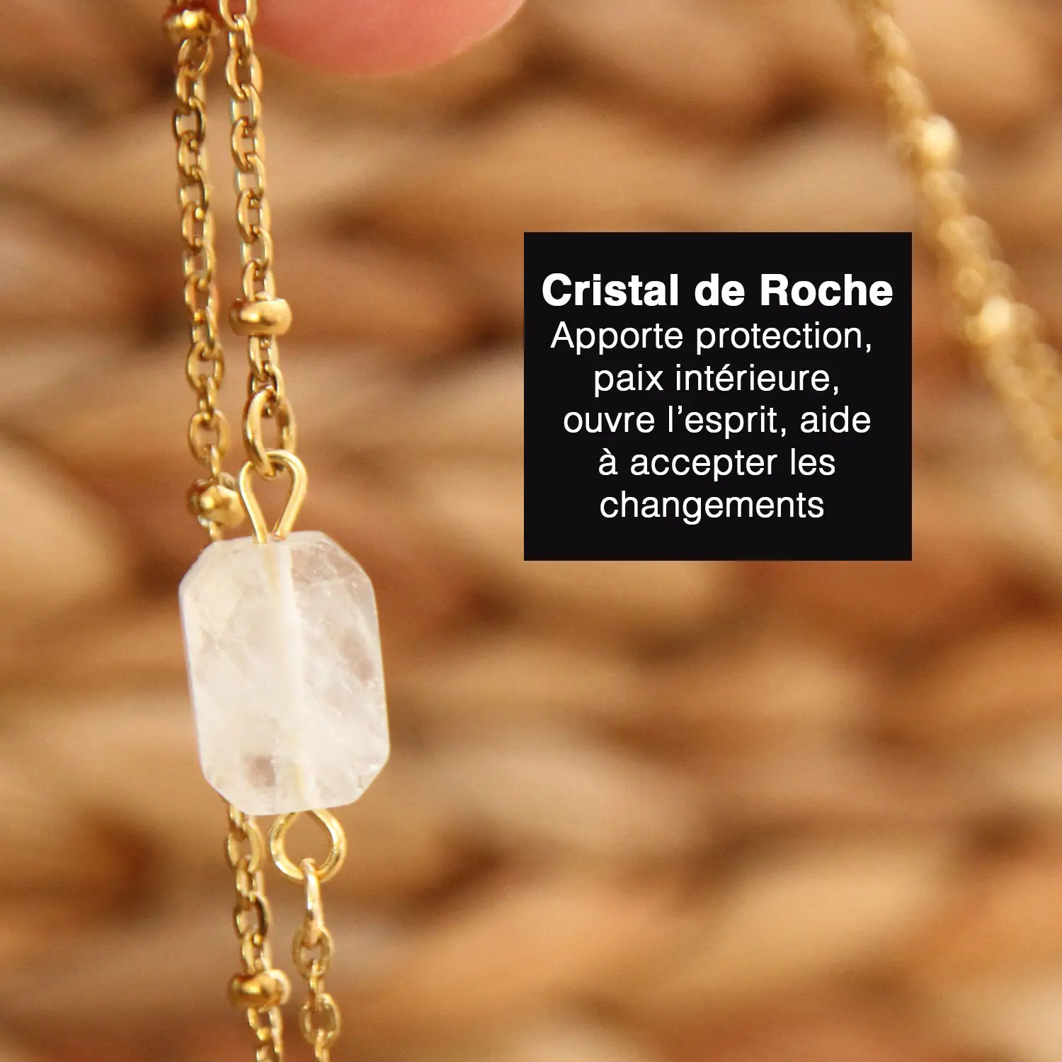 Bola de grossesse avec pierre de cristal de roche rectangulaire, chaîne inox perlée ou simple, pendentif au choix fantaisie ou plaqué or, option médaille gravée pour un cadeau unique.