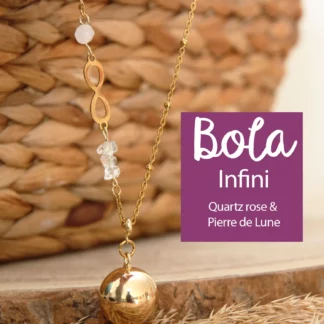 Le bola de grossesse Infini doré est composé de pierres naturelles de cristal de roche et de quartz rose