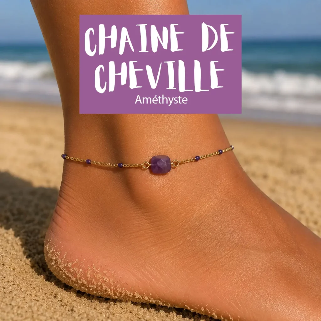 Chaîne de cheville améthyste en acier inox doré, un bijou délicat et apaisant réalisé sur mesure par ma Peste Adorée
