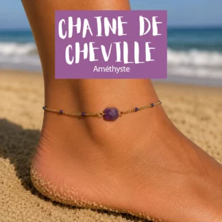 Chaîne de cheville améthyste en acier inox doré, un bijou délicat et apaisant réalisé sur mesure par ma Peste Adorée
