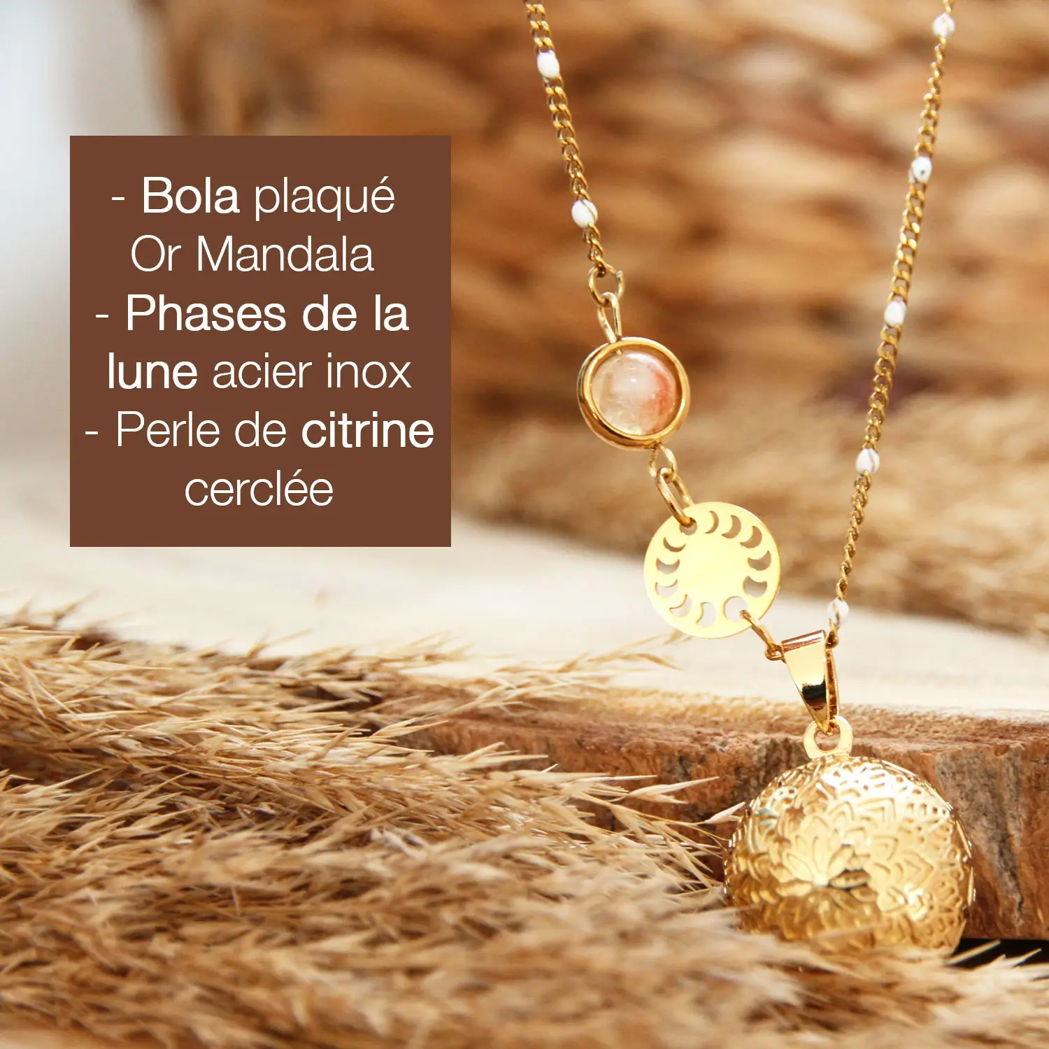 Bola de grossesse mandala avec citrine, symbole de joie et d'optimisme.