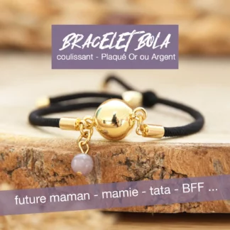 Bracelet bola noir avec bola en plaqué or ou argent et lépidolite. Création Ma peste adorée