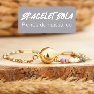 Bracelet bola de grossesse personnalisé avec pierres de naissance du bébé et de la famille, chaîne perlée en acier inoxydable doré et bola 12 mm. Création Ma Peste Adorée