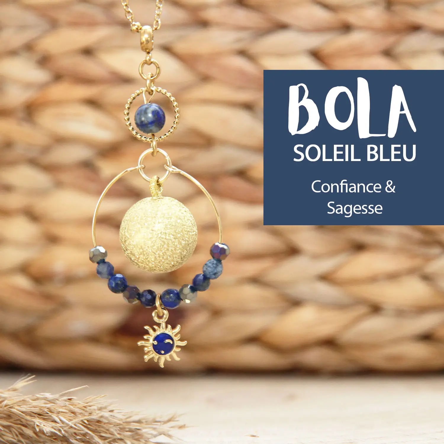 Bola de grossesse Soleil Bleu doré brossé 17 mm avec pierres de sodalite et lapis lazuli