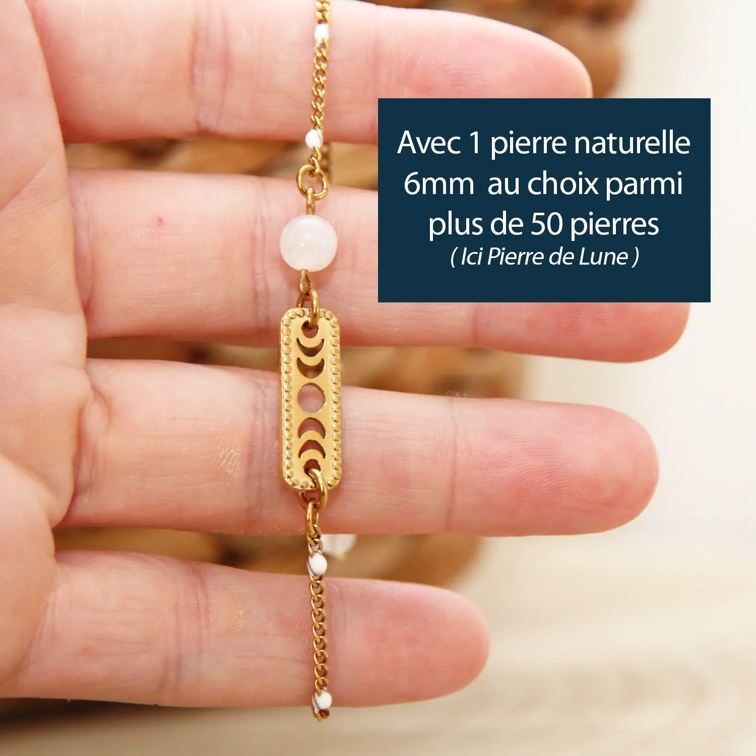 Bracelet Phases de Lune personnalisé avec pierre naturelle au choix