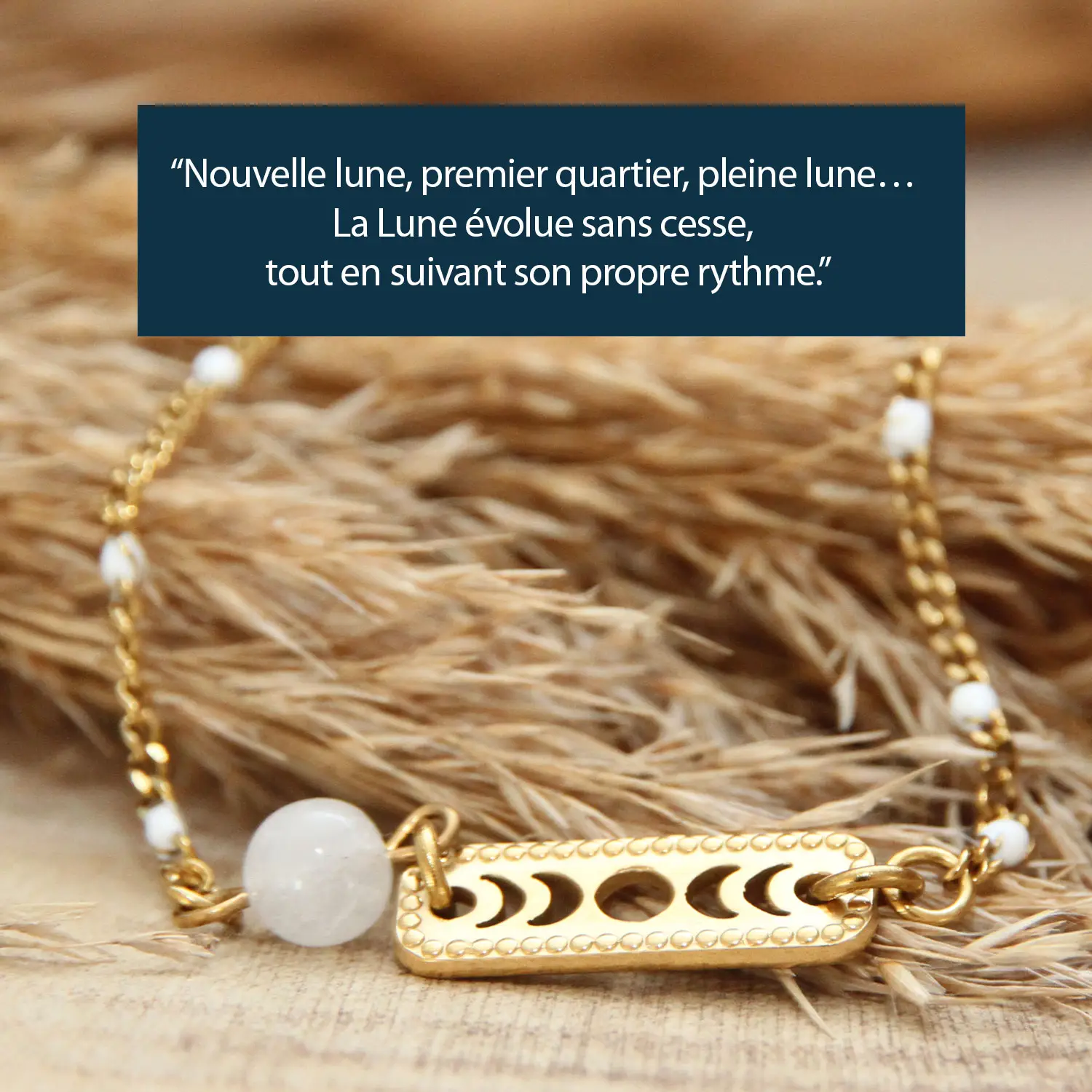 Bracelet femme Phases de Lune en acier inoxydable doré et pierre naturelle