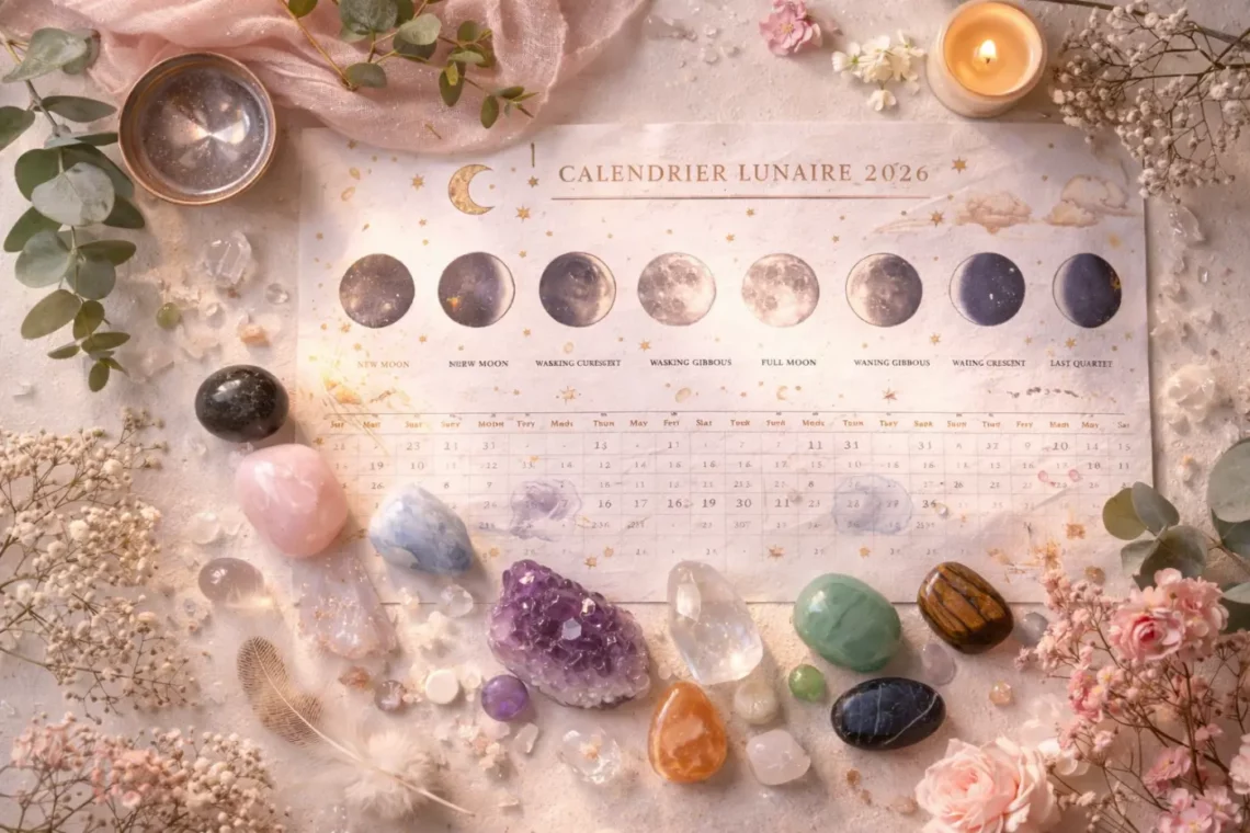Comment utiliser les cycles lunaires dans sa pratique de lithothérapie : le calendrier lunaire 2026 et les pierres associées