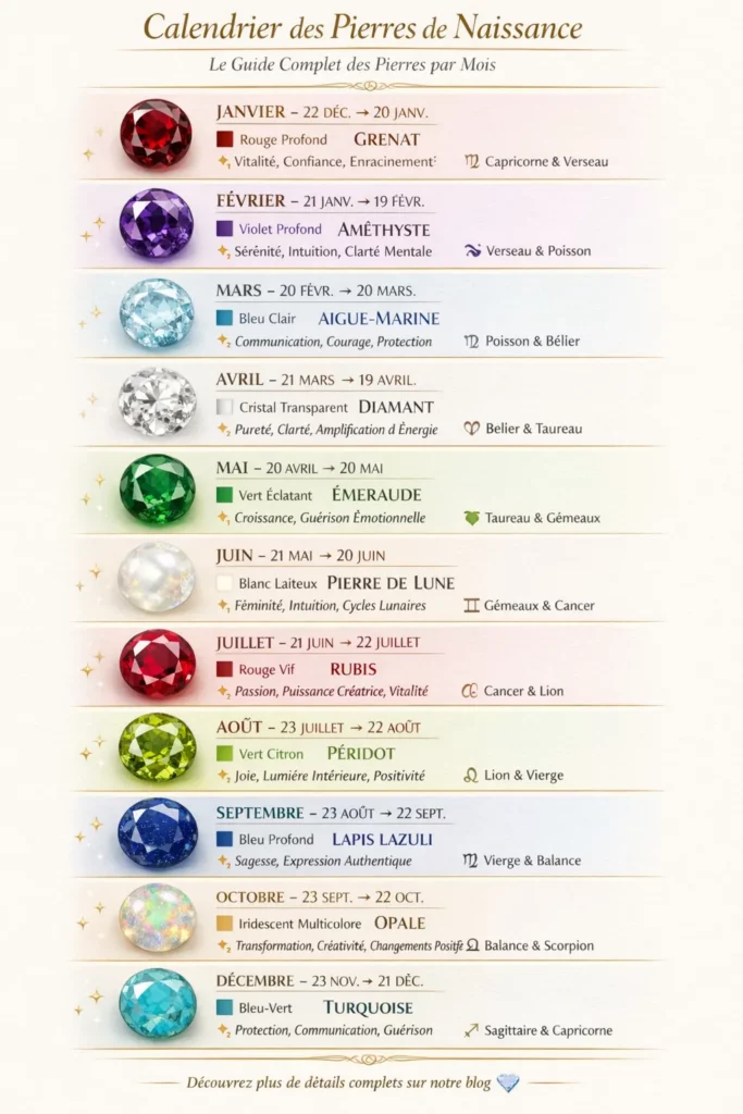 calendrier complet des pierres de naissance mois par mois