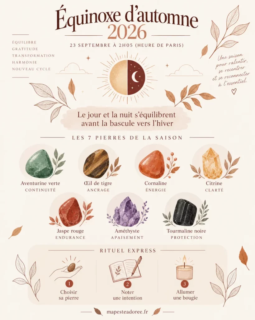 7 pierres de lithothérapie parfaites pour l'équinoxe de septembre 2026